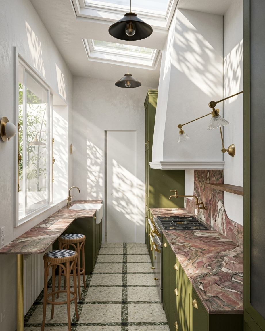 Détail de la cuisine : hotte cheminée blanche, crédence en marbre rose veiné, piano de cuisson noir encastré dans le mobilier vert olive et appliques en laiton