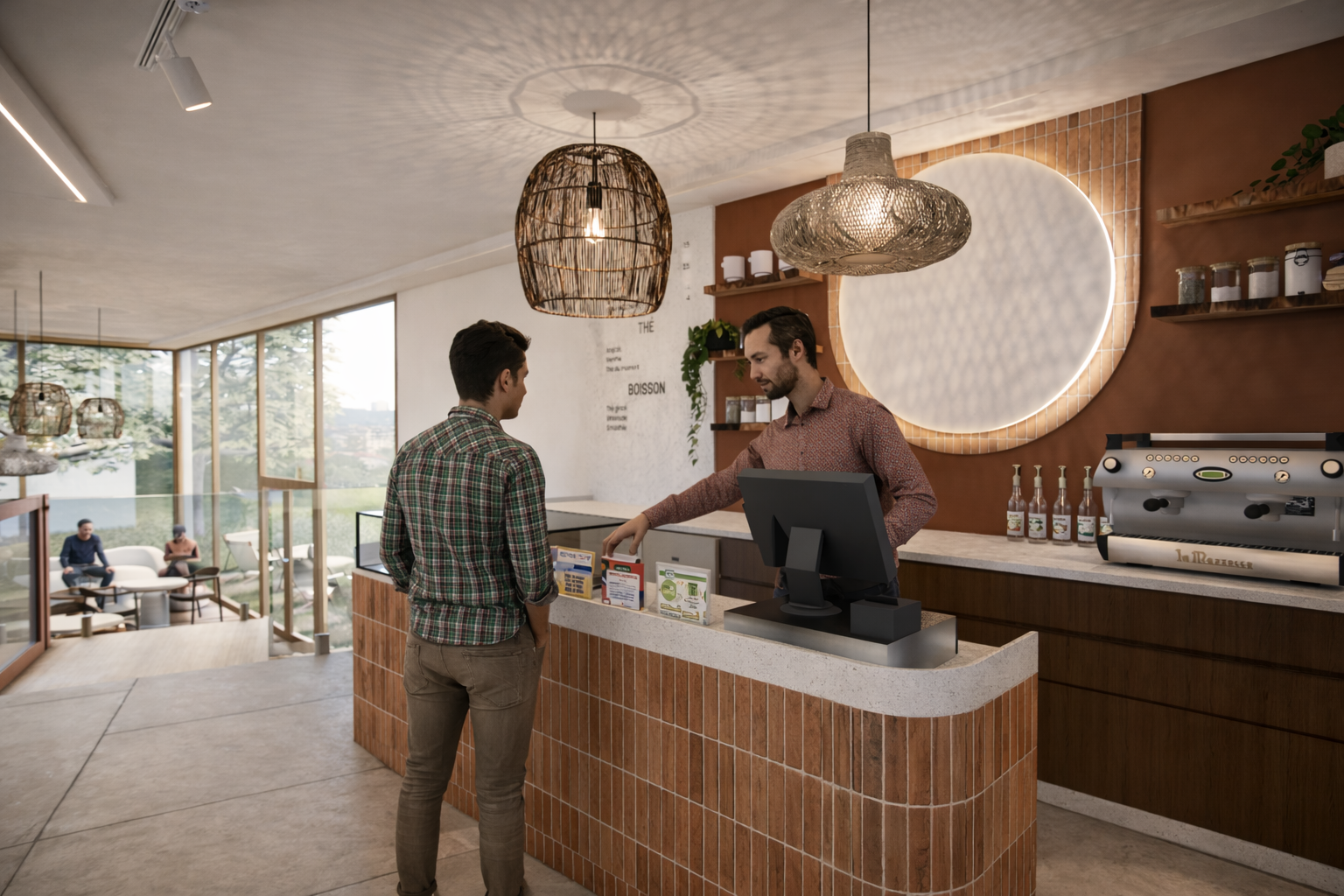 Comptoir boissons habillé de zellige terracotta avec machine à café professionnelle, suspensions en fibre tressée et coin salon vitré donnant sur la verdure en arrière-plan