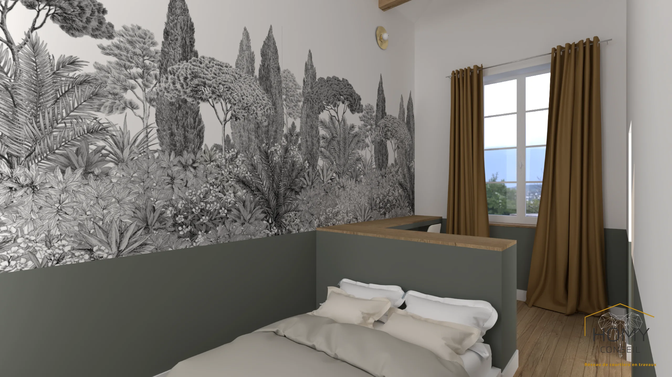 Chambre sous rampant : fresque végétale noir et blanc, soubassement vert olive, rideaux ocre et lit adossé à la cloison-bureau en bois