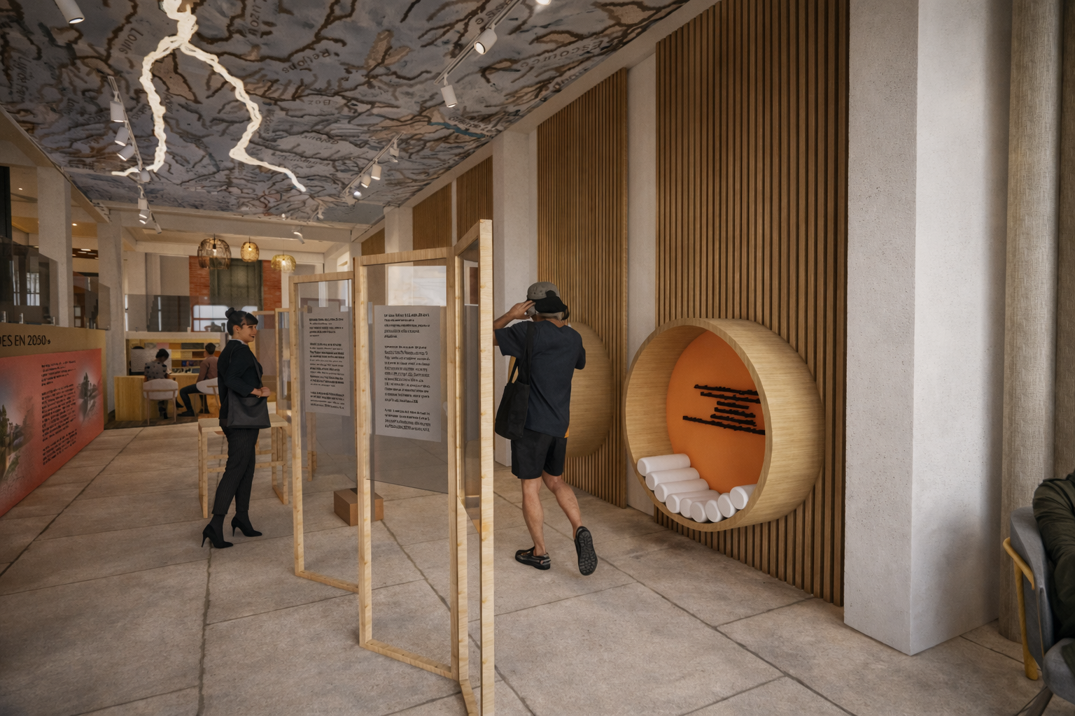 Espace d’exposition avec panneaux pédagogiques translucides, plafond imprimé d’un motif de cartes et de rivières, mur en tasseaux de bois et alcôve orange, visiteurs en visite