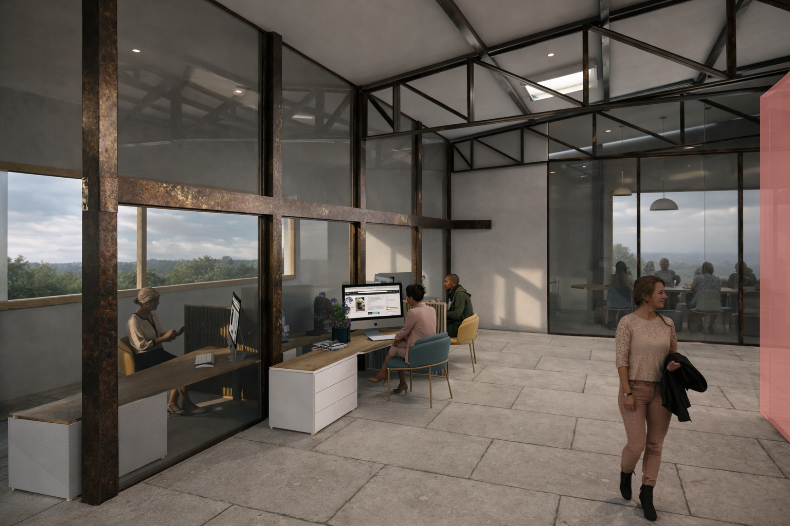 Plateau de coworking sous charpente métallique et verrières, postes de travail en bois le long des vitrages avec vue sur la campagne, box vitré rose sur la droite