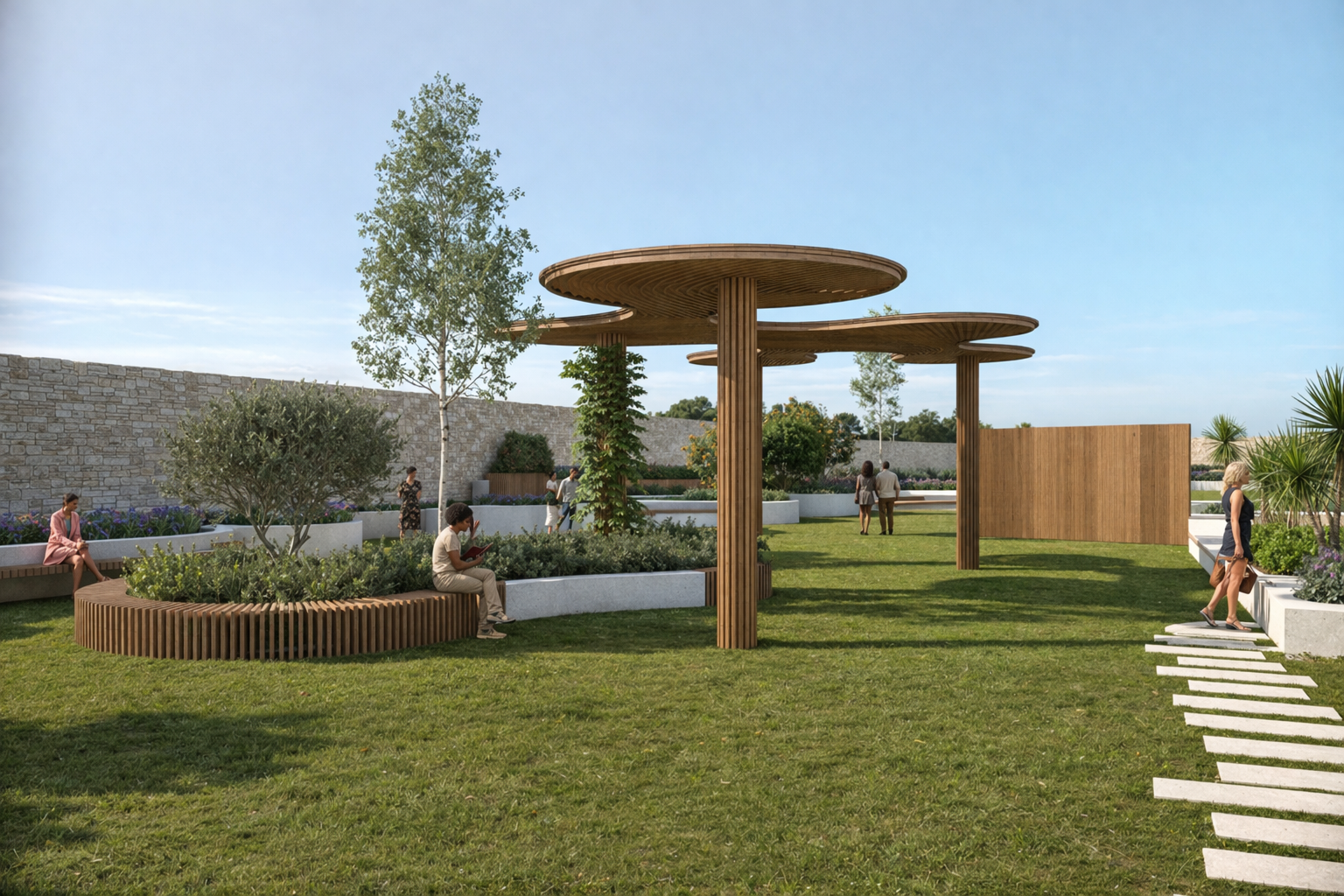 Jardin paysager du domaine avec pavillon en bois aux canopées circulaires, pelouse, bancs courbes en tasseaux, massifs plantés et muret en pierre